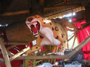 The sculpture of an angry tiger in Tarzan's tree house