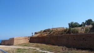 A tan fortress wall next to a dry moat and topped with bushes and trees.